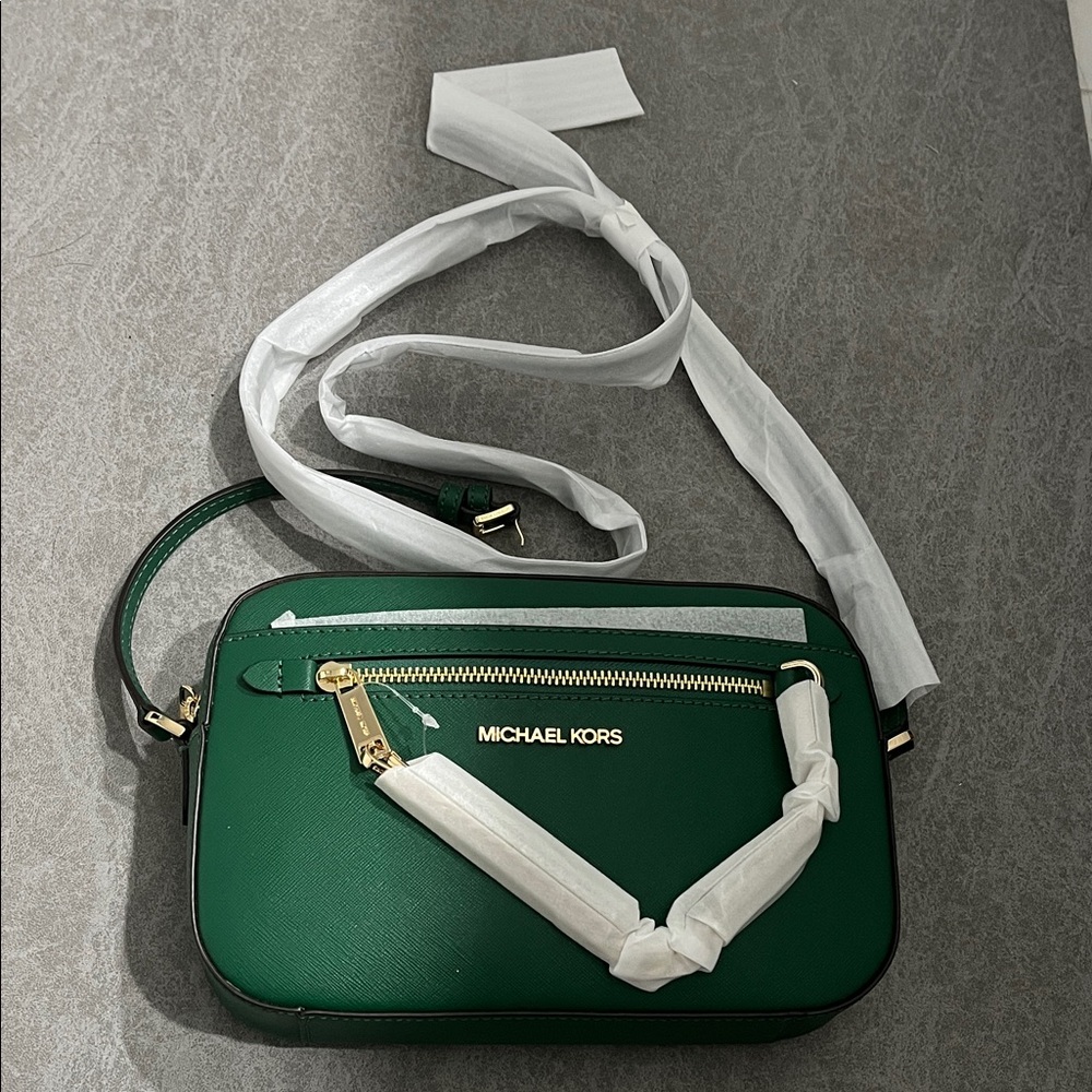 Eagles Green Michael Kors Saffiano Crossbody Bag with Gold Accents